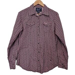 Wrangler Breast Cancer Button Up Blouse Womens Size Medium Pink Pearl Snaps